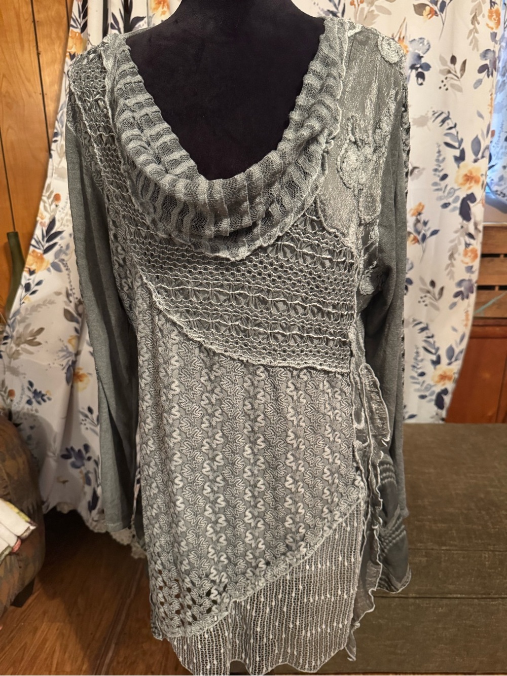 Textured Grey Knit Tunic with Cowl Neck